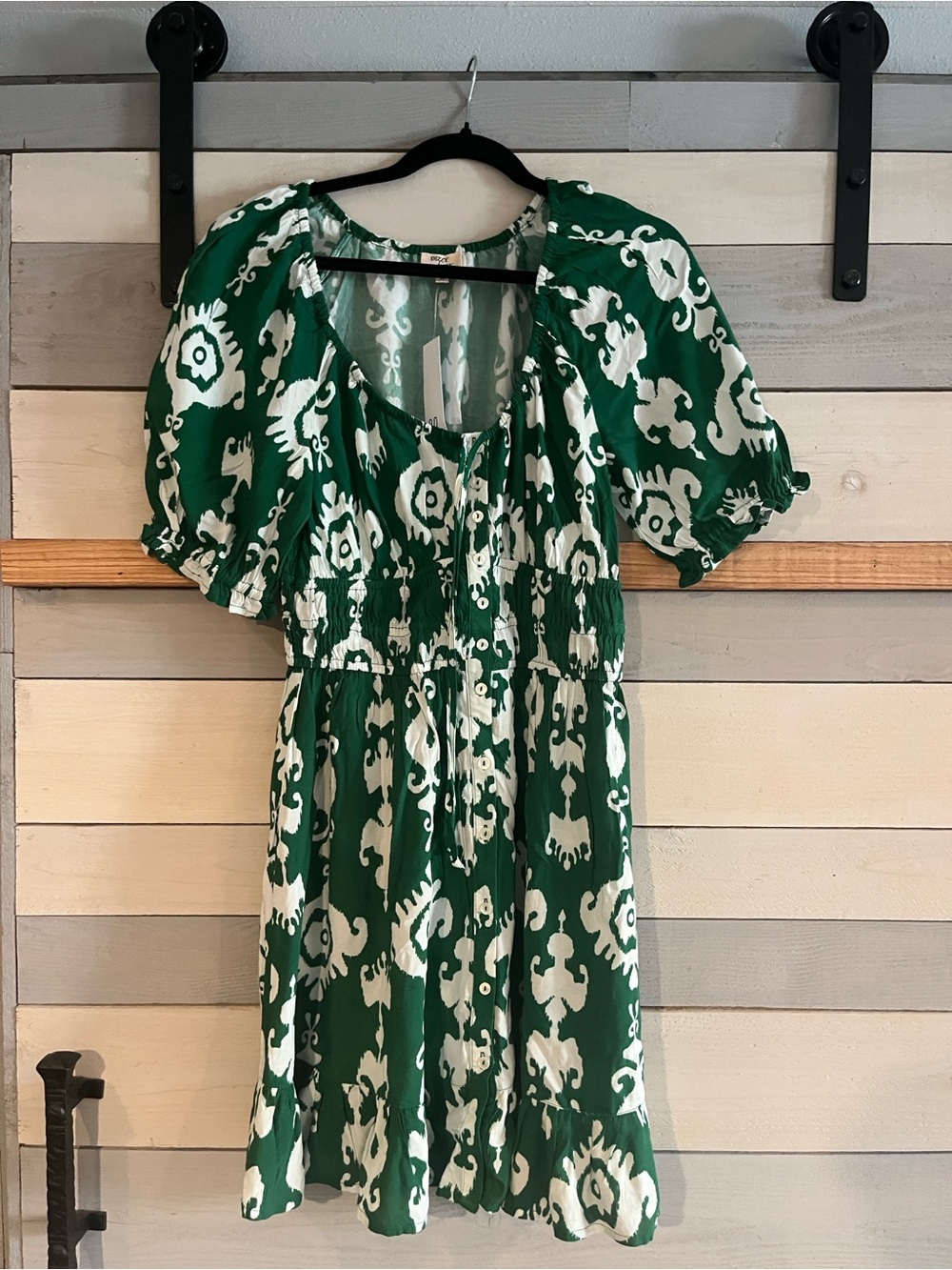 Dizzy Lizzy Green & White Printed Puff-Sleeve Mini Dress